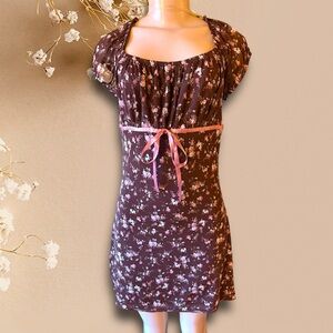 Floral Brown babydoll milkmaid Dress with Pink bow y2k whimsigoth sheer XL